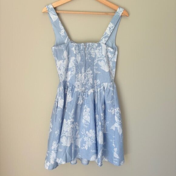 NEW Reformation Daria Linen Mini Dress Bow Angelic Sky Blue Floral | US 0 UK 4 - Picture 7 of 12